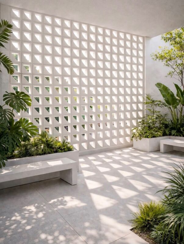 Modern breeze block boundary wall design in Pakistan featuring decorative concrete jali blocks for privacy, ventilation and contemporary home exteriors.